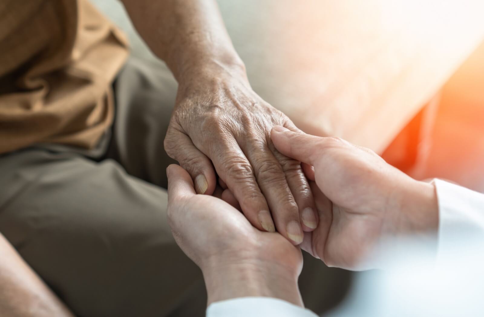 Close-up of a younger person holding an older person's wrinkled hand in both hands.